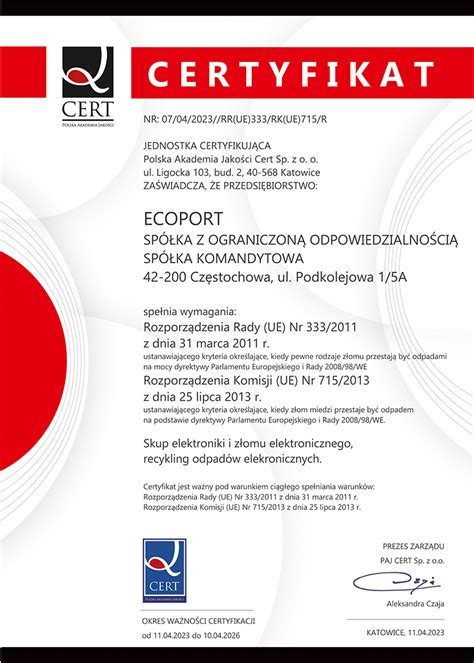 Certyfikaty Iso Recykling Elektroniki Ecoport