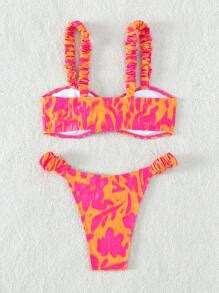Shein Swim Summer Beach Allover Print Frill Trim Drawstring Bikini Set Shein Usa