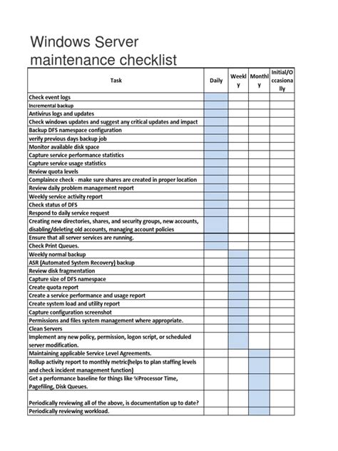 Server Preventive Maintenance Checklist Template Excel