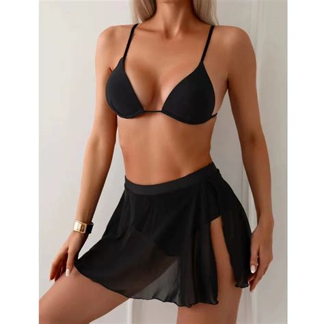 2024 Original Design Bikini Solid Color High Waist Mesh Short Skirt Sexy 2 Piece Swimsuit For