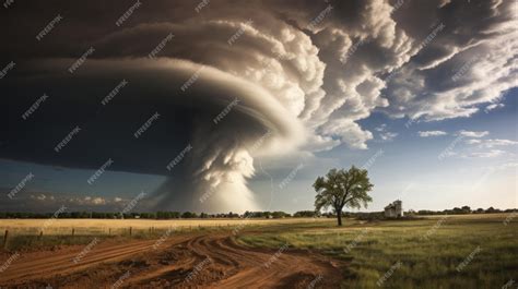 Premium AI Image | Tornado column in rural landscape