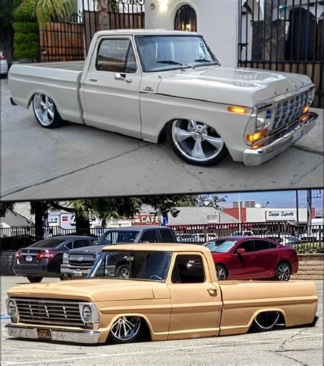 Two Pictures Of Old Trucks Parked In Front Of A House