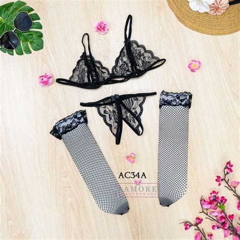 HITAM Bra Set G String Women S Underwear Stockings Sexy Lingerie Black Lace AC34A Shopee