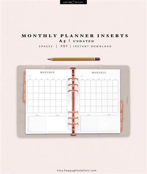 A5 Monthly Planner Insert Printable Downloadable Blank Etsy