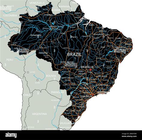 High Detailed Brazil Road Map With Labeling Stock Vector Image And Art