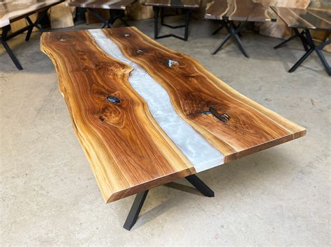 Walnut Live Edge Dining River Table With Ghost White Polished Epoxy Anglewood Furniture