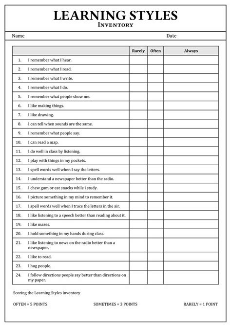 Printable Learning Styles Inventory Worksheet Learning Style Test