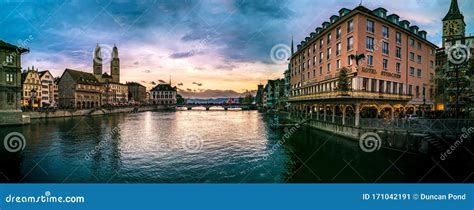 Zurich Limmat River Sunset Panorama Editorial Photo - Image of ...