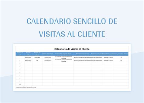 Plantilla De Formato Excel Calendario Sencillo De Visitas Al Cliente Y