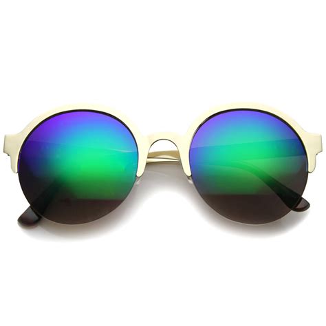 Modern Round Half Frame Mirrored Lens Sunglasses - zeroUV