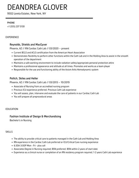 Rn Cardiac Cath Lab Resume Samples Velvet Jobs