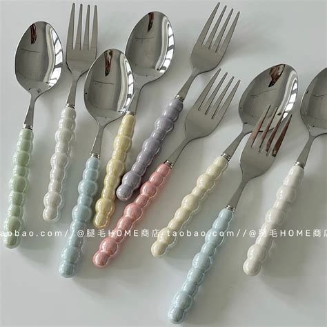 Korean Ins Colorful Pearl Ceramic Handle Stainless Steel Spoon Fork