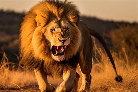 Premium Ai Image A Lion Walking Across A Dry Grass Covered Field