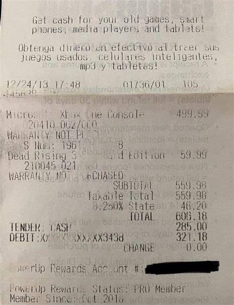 I found my original Xbox One receipt from GameStop in my Dead Rising 3 ...