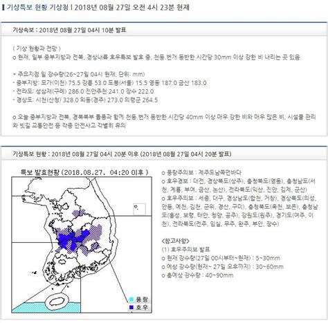 기상특보 현황 2018년 08월 27일 04시 20분 이후 2018년 08월 27일 04시 20분 발표 인스티즈