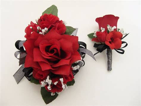 Wedding Prom Metallic Black Red Roses Floral Wrist Corsage And