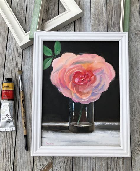 Rose Painting Flower Original Art Pink Rose Artwork Small Oil Etsy