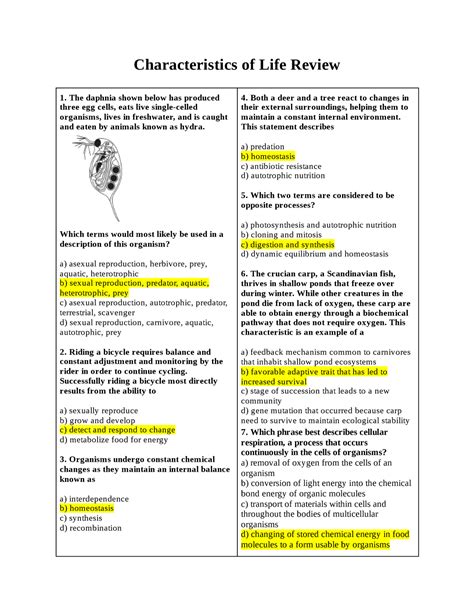 1 Characteristics Of Life Answer Key