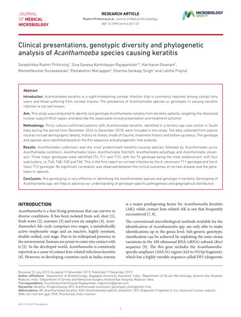 Pdf Clinical Presentations Genotypic Diversity And Phylogenetic Analysis Of Acanthamoeba