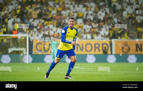 Cristiano Ronaldo of Al-Nassr FC gestures against Al-Raed FC during ...