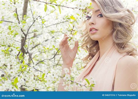 Beautiful Elegant Sweet Blue Eyed Blonde Girl In The Garden Near The Cherry Blossoms On A Sunny