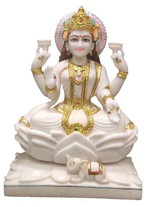 White And Golden Painted Laxmi Ji Marble Statue For Temple Size 1 Ft