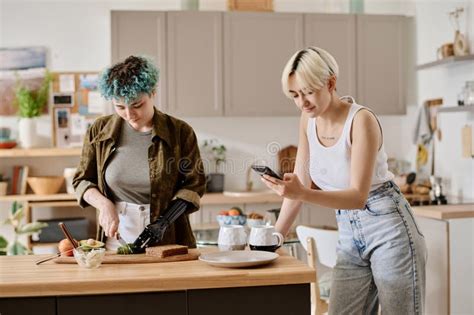 Lesbian Couple Preparing Breakfast In The Kitchen Stock Image Image Of Female Amputee