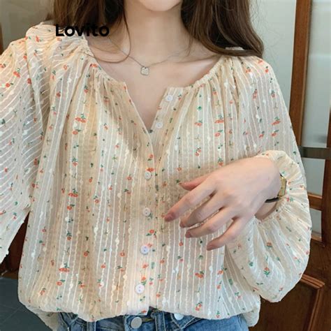 Lovito Women Casual Ditsy Floral Pattern Blouse Lne Shopee