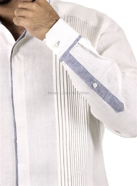 Guayabera Shirt 100 Linen White With Tucks And Blue Details