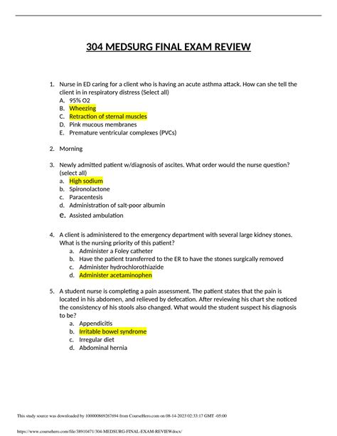 Solution Medsurg Final Exam Review Studypool