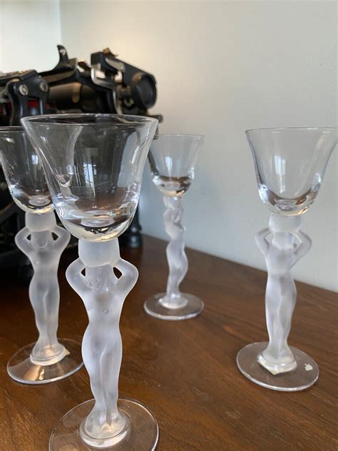 Vintage Bayel Bacchus Frosted Crystal Nude Female Wine Cordial Glasses