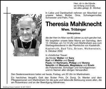 Traueranzeigen Von Theresia Mahlknecht Trauer Bz