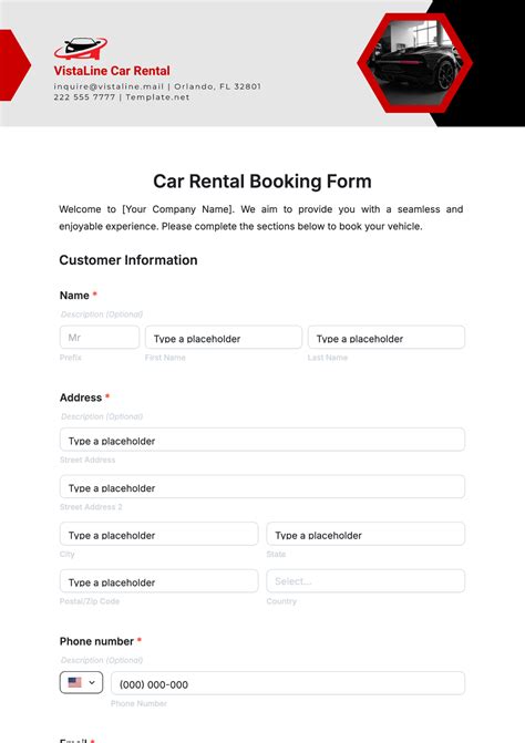 Free Car Rental Booking Form Template to Edit Online