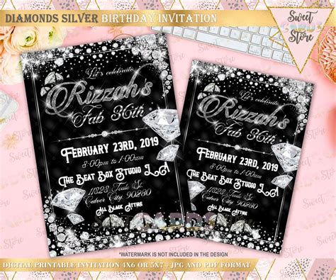 Diamonds Invitation Black Silver Diamonds Birthday Party Etsy