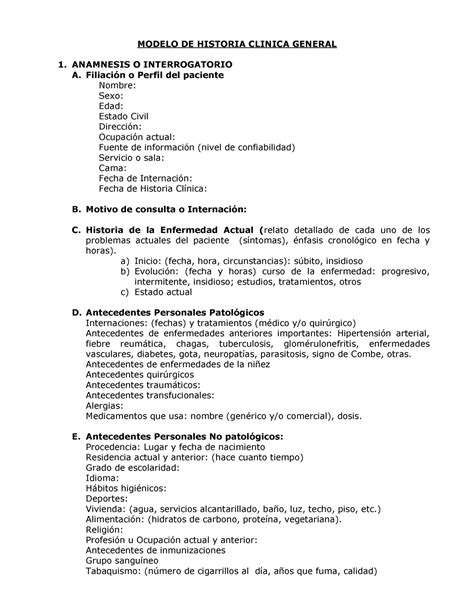 Gu A Historia Cl Nica Modelo De Historia Clinica General Anamnesis