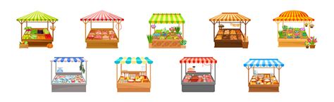 Street Market Stall And Stand With Awning And Various Products Vector