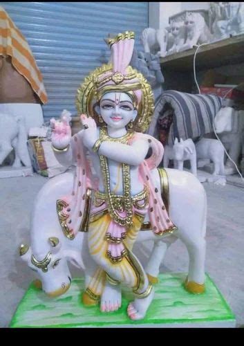 White Painted Multicolor Marble Krishna Moorti For Worship Size Min