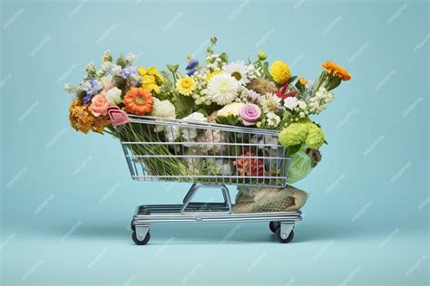 Коляска для покупок, полная продуктов на синем фоне | AI ...