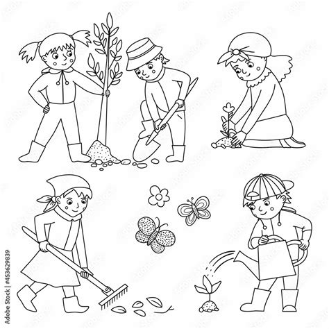 Vector Black And White Children Doing Garden Work Set Spring Outline