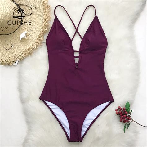 CUPSHE Plum One Piece Swimsuit Women Solid Cross Monokini Swimwear 2019