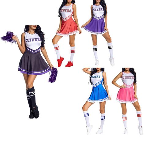 Womens Cheerleader Costume with Pom-Poms Pleated Skirt Cheerleaders ...