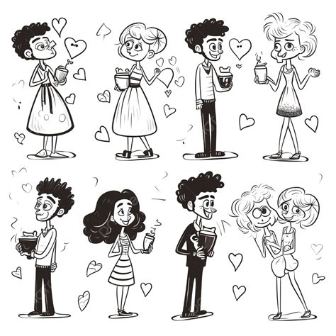 Black And White Cartoon Couples In Love On Valentines Day Set Heart