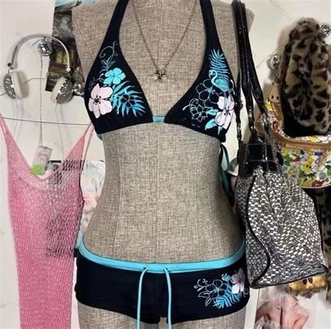 HIBISCUS Y2K TWO PIECE BIKINI 2000S HAWAIIAN COCONUT GIRL GYARU BOARD SHORTS EBay