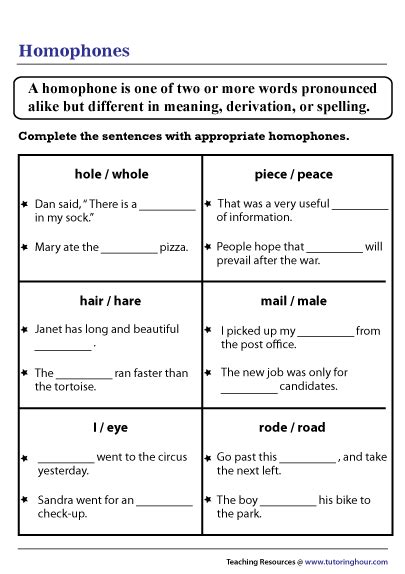 Sentences With Homophones Turtle Diary Worksheet Completing Sentences