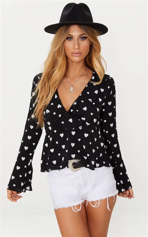 Black Love Heart Frill Detail Blouse Tops Prettylittlething Ca