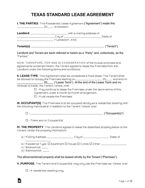 Free Texas Standard Residential Lease Agreement Pdf Word Eforms