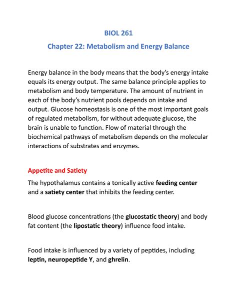 Human Physiology Ch 22 Notes BIOL 261 Chapter 22 Metabolism And