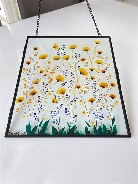 Framed Glass Painting Of Pressed Flowers Herbarium Stained Etsy