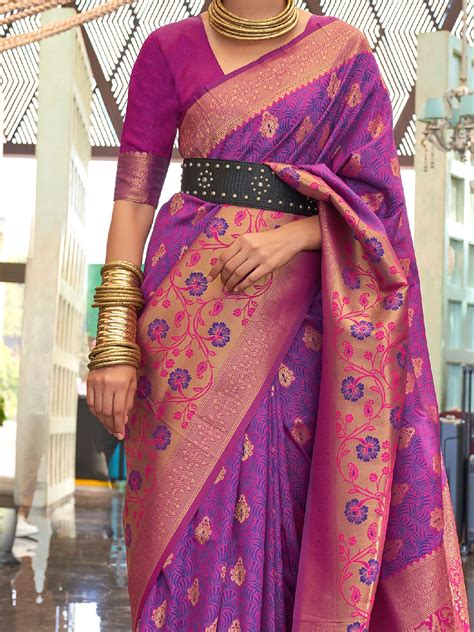 Buy Purple And Rani Pink Zari Weaving Silk Wedding Wear Saree From Ethnic Plus