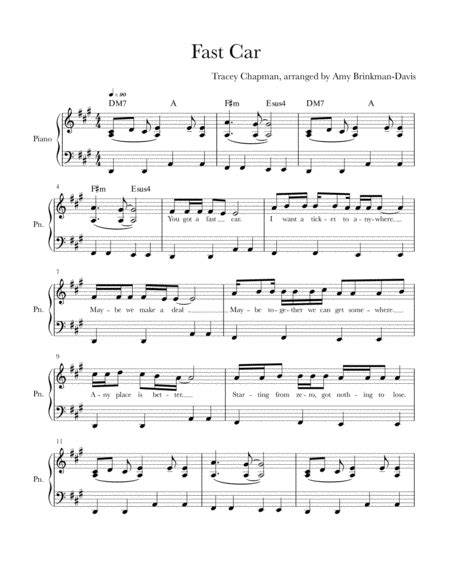 Fast Car Arr Amy Brinkman Davis By Tracy Chapman Sheet Music For